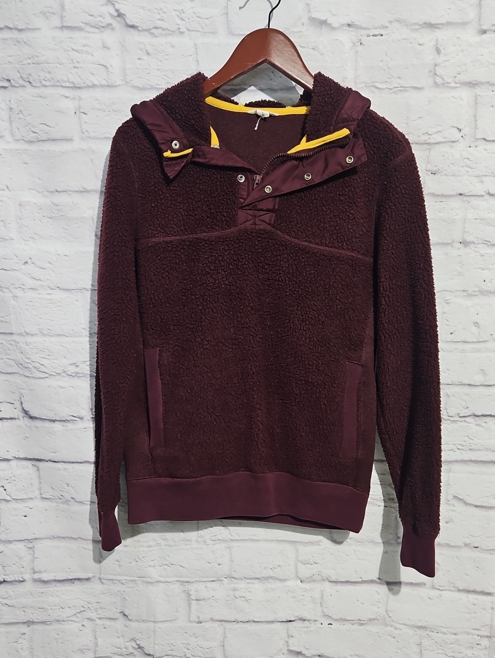 Aeropostale Burgundy Sherpa Pullover Hoodie with Yellow Trim